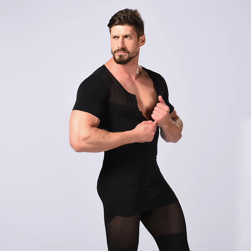 
men zipper stretch mesh body shaping short sleeve shirt man shapewear body slimming man shapers 