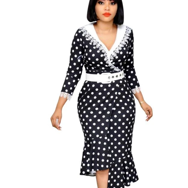 Autumn Ladies Elegant Dot Office Pencil Dresses Women Bodycon Tunic 3/4 Sleeve High Waist Female Fashion Vintage Lace Dress