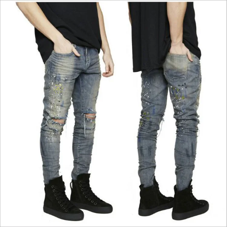 

2019 new biker jeans damage knee Tearing hole splash ink point pants Distressed men's hole jeans men's slim feet pants