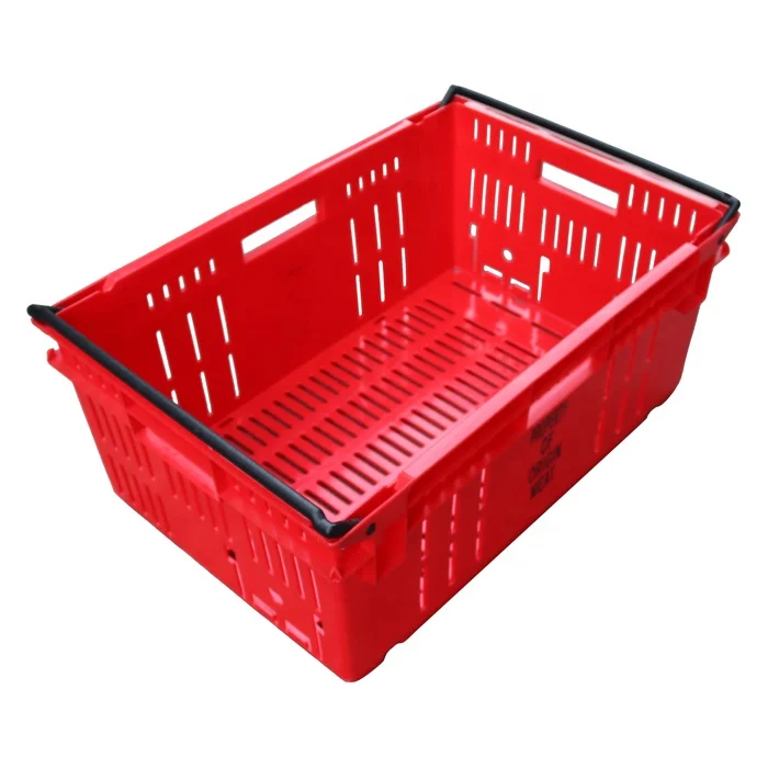 

QS Plastic Storage Stackable Turnover Basket with Bale Handle Mesh Vented Basket for Fruit and Vegetables Fish Seafood Transport, Customized color
