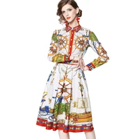 

Wholesale Women New Fashion Button Shirt Collar Long Sleeve Knee Length Pleated Printing Dress