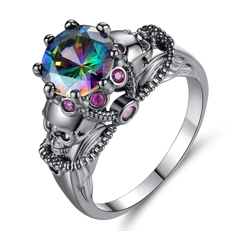 

Punk Colorful Zircon Black Skull Ring For Women Crystal Wedding Ring Jewelry Party Trendy Love Ring (KRG006), As the picture