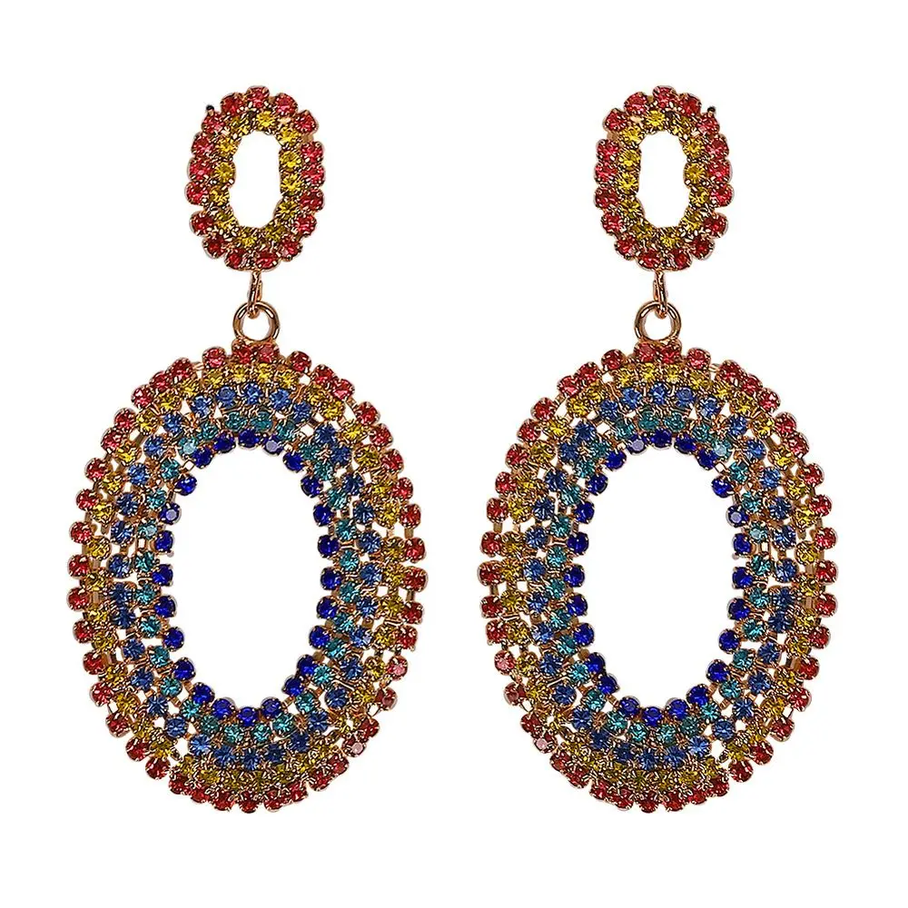 

2019 New Arrival Trendy Colorful Oval Shape Colorful Rhinestone Crystal Earrings