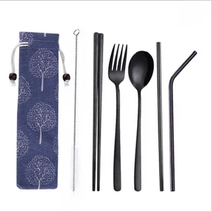 Image of W6 Reusable Cutlery Set Travel Utensils Set with Straws for Camping Office or School Lunch Stainless Steel Flatware Set