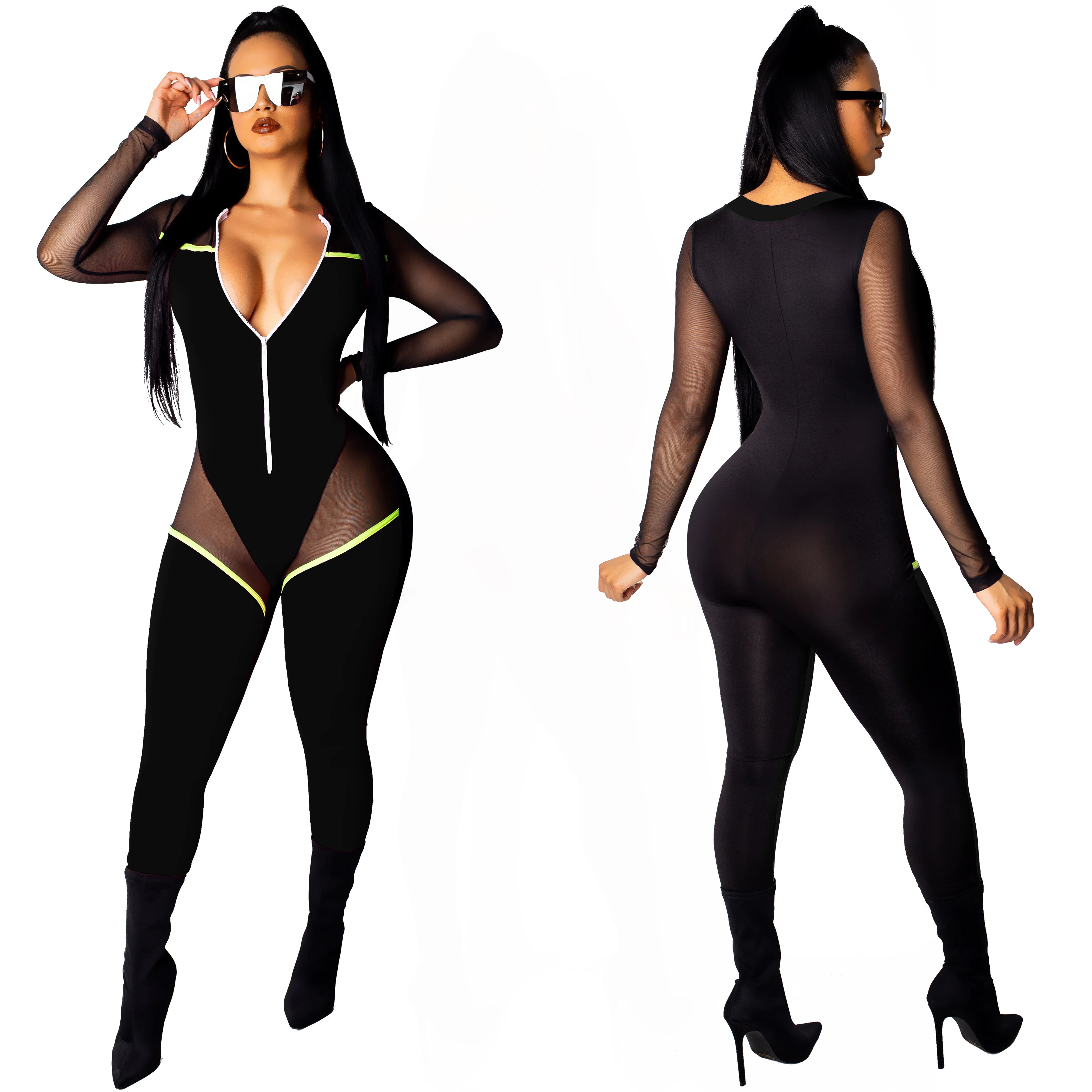 ZA0197 women sexy black mesh skinny bodycon jumpsuit