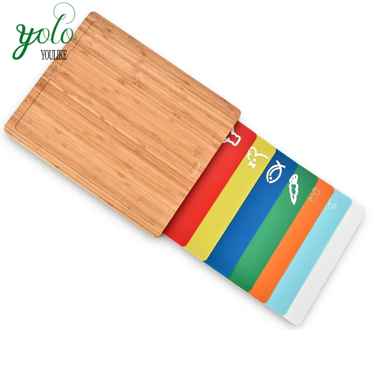 Bamboo Large Cutting Chopping Board With 7 Colored Silicone Cutting
