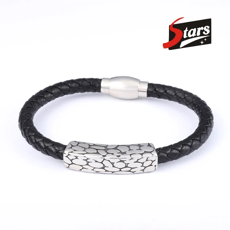 

New Design Charms Stainless Steel Braided Black Women Leather Bangle Bracelet