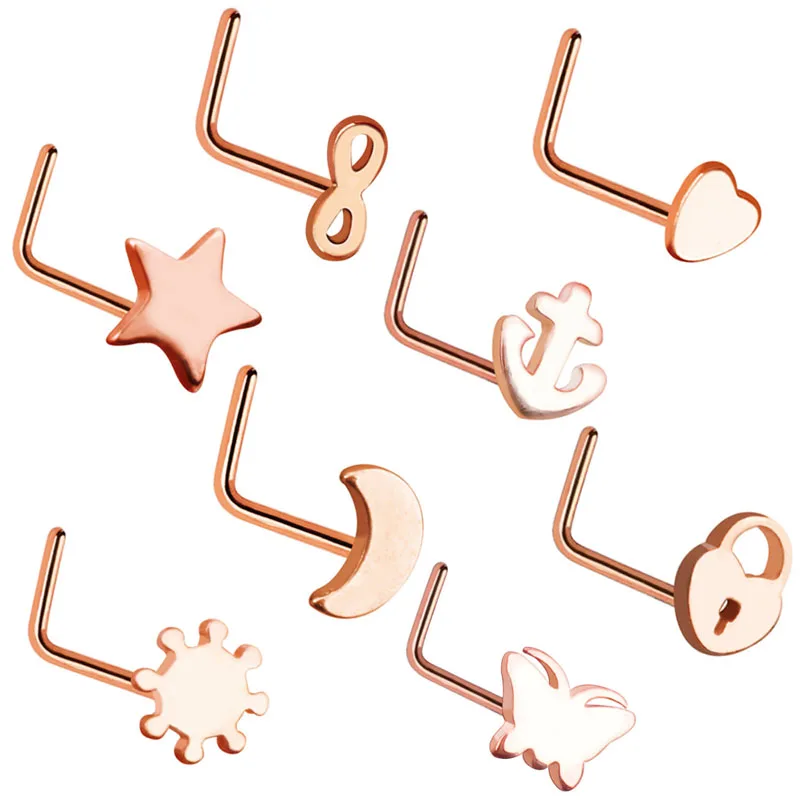 

Rose Gold 316L Surgical Steel L Nose Ring Hear Sun Moon Star Nose Screw Body Piercing Jewelry 8pcs/Lot 20G Nose Stud
