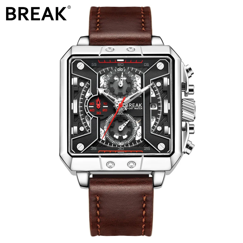 

Top Grade Men Wrist Watch Square Leather Strap Calendar Sports Quartz Waterproof Mens Luxury Brand Break Chronograph Watch 2018