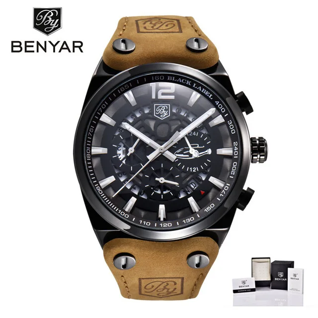 

Top Sale Luxury Brand BENYAR 8112 Brown Genuine Leather Belt IP Plated 30M Waterproof Chronograph Quartz Men Watch Wristwatches