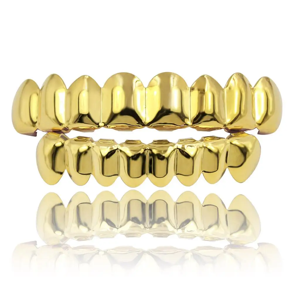 

Hiphop Wholesale Hot Sale Grillz Gold Plated Set Plain 8 Teeth Top and Bottom Teeth Grillz Free Grillz Teeth, Picture