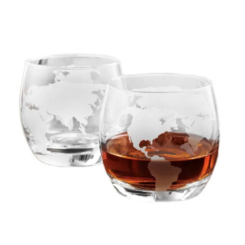 

12-ounce Etched Globe Whiskey Glass Perfect for Gift or Family Bar Set 2 pieces, Clear