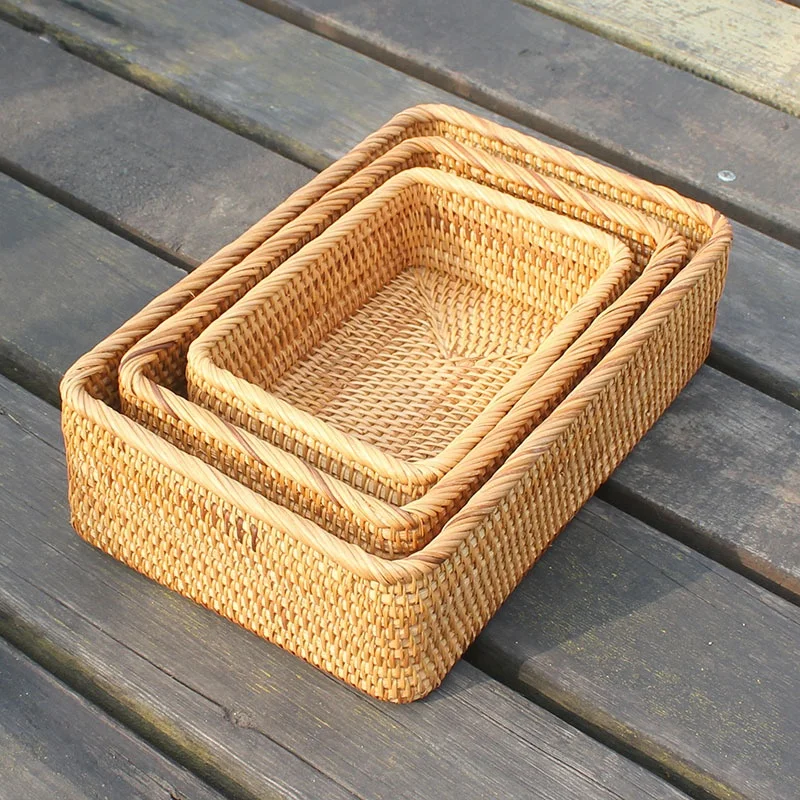 

Handmade Rectangle Rattan basket Serving Tray Wicker Organizer Tabletop Fruit Platter