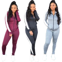 

striped side zip coat long pants two piece sports training wear women jogging suits wholesale