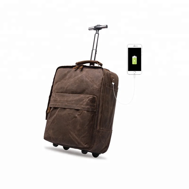 

JUNYUAN Vintage Style Canvas Leather Luggage Cases Travel Trolley Backpack Bag