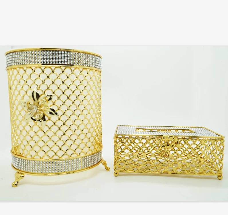 

Hotel luxury metal waste bin can with tissue box set