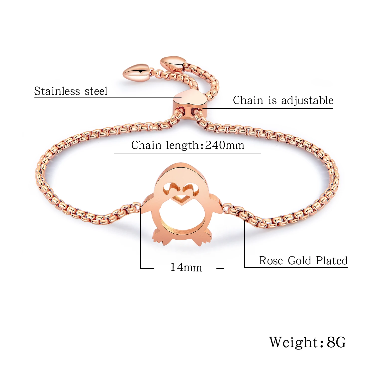 MICCI wholesale custom fine rose gold jewelry stainless steel adjustable lovely penguin bracelet
