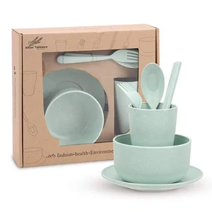 Image of 6Pcs Eco-friendly Healthy Unbreakable Wheat Straw Fiber Dinner Tableware Sets for Toddler Baby