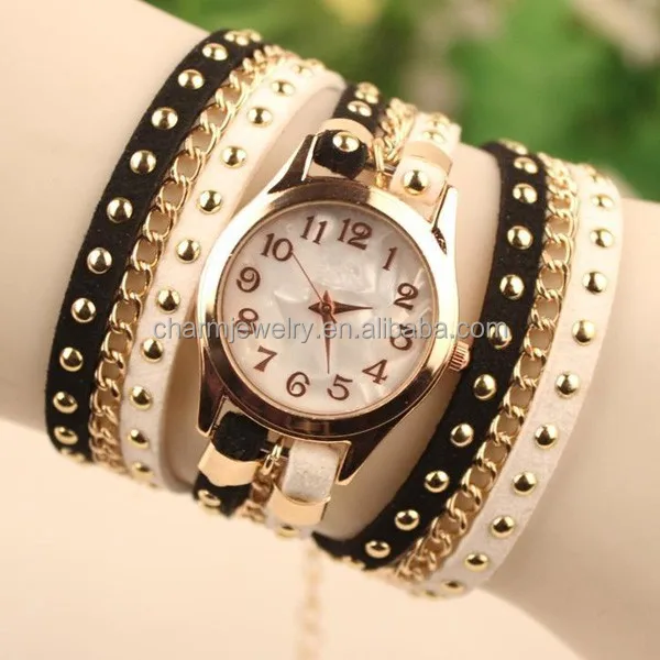

2016 New Fashionable ladies wrist watches Hot Colorful Weave Wrap Rivet Leather Bracelet watch for women BWL010, N/a