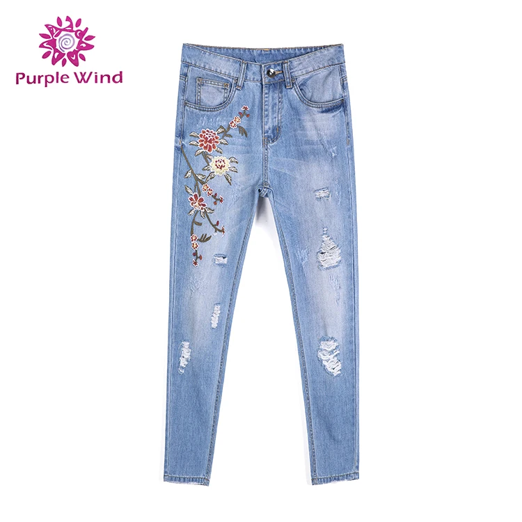 

Women Damaged Flower Print Jeans vietnam, Light blue