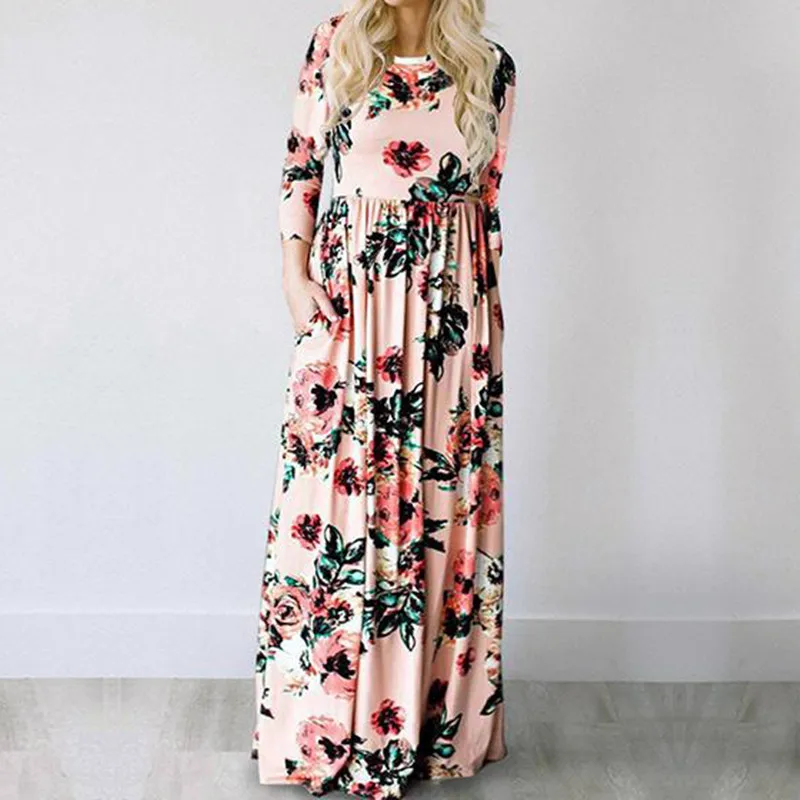 

2018 Mother Daughter Dresses Summer Floral Print Long Dress Boho Three Quarter Sleeve Maxi Dress Casual Loose Sundress Vestido