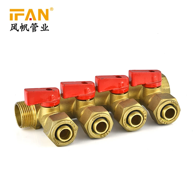 1" Brass Ball Valve Manifold for 1/2" PEX tubing with 6 port Red 