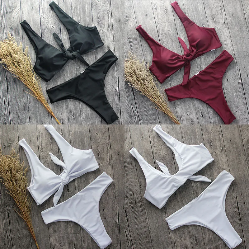 

Good quality Bikini Knotted Padded Thong Bikini Set Women Swimwear Scoop Neck Solid High Cut Swimsuit