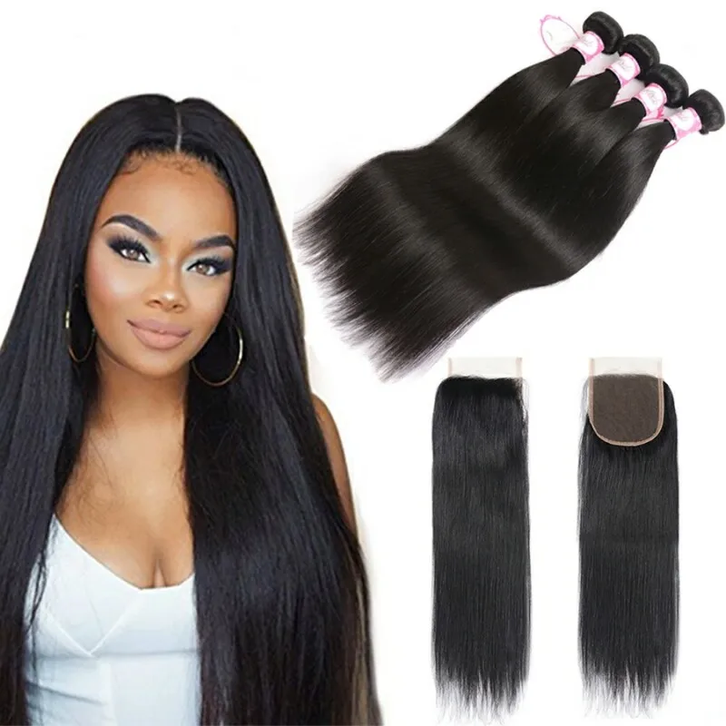 

8A Unprocessed Brazilian Straight Hair With 4*4 Closure Straight Human Hair 4 Bundles With Closure Brazilian Straight Human Hair