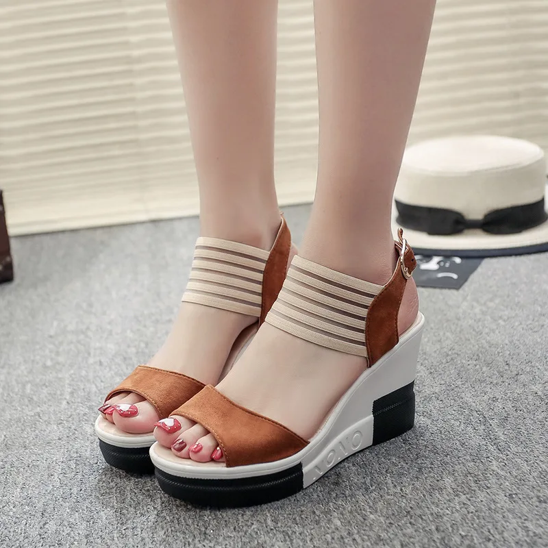 

Wholesale Roman Fashion Women Open Toe Buckle Peep-toe PU Wedge Sandals, Black/deep brown/khaki