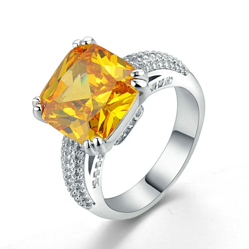 China supply beautiful brass jewellery prong setting big yellow cz stone wedding bands or rings for women decoration R551