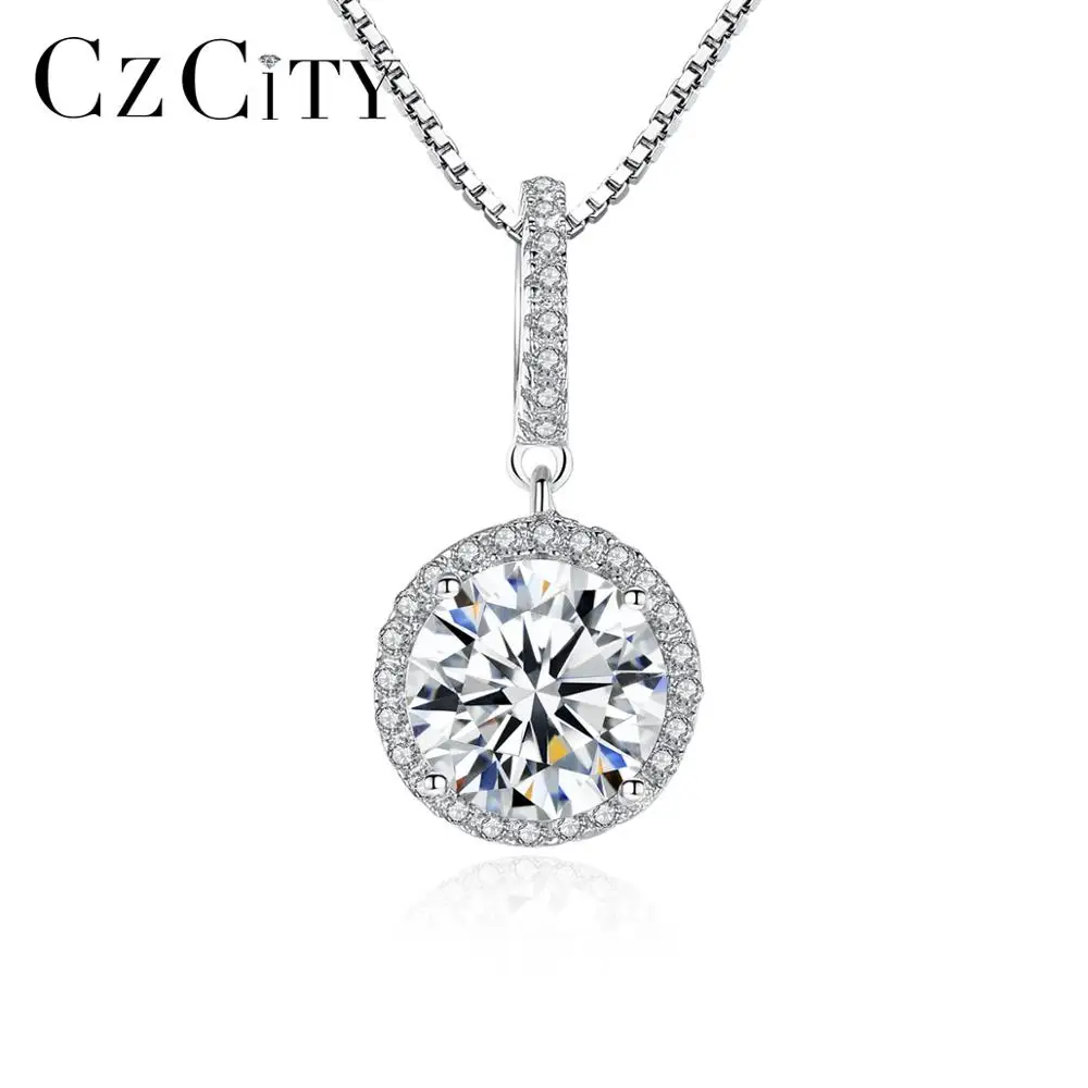 CZCITY 925 Sterling Silver Necklace Chains Pendant Women Jewelry Elegant Style Round CZ Pendants