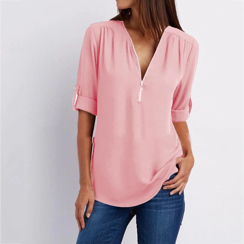 Zipper Short Sleeve Women Shirts Sexy V Neck Solid Womens Tops And ...