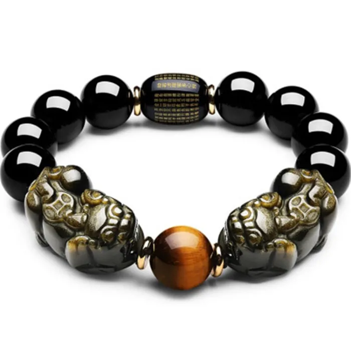 

DAIHE Natural obsidian double PI xiu bracelet obsidian heart through barrel pearl yellow tiger eye stone hand string, Blue;orange