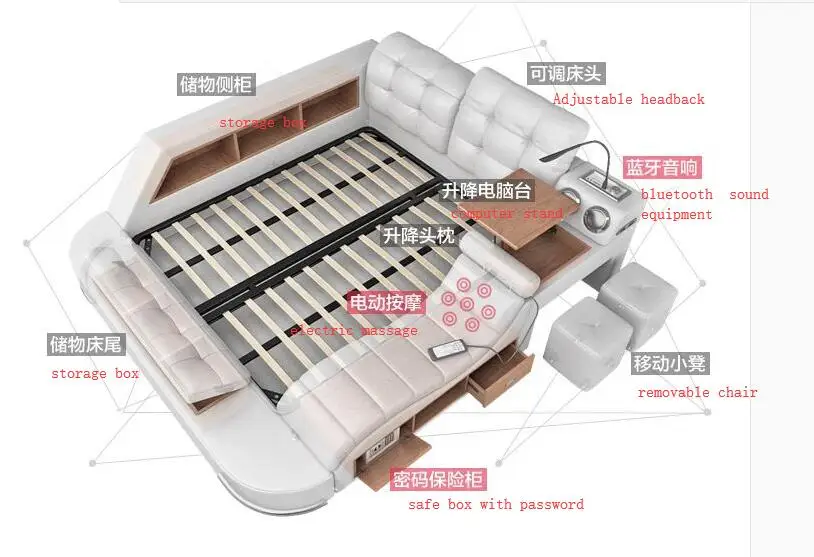 CBMMART Multifunction function massage 100% cow hide skin genuine leather bed