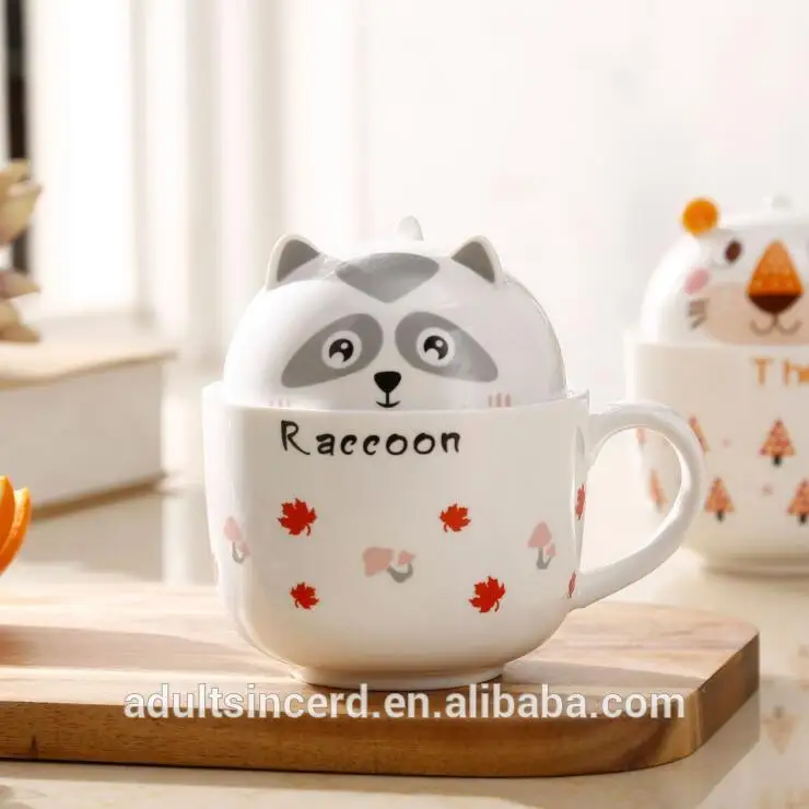

HT102680 Novelty Creative Cute 3D Animal Ceramic Coffee Milk Tea Handle Cups and Mugs with Lid, White