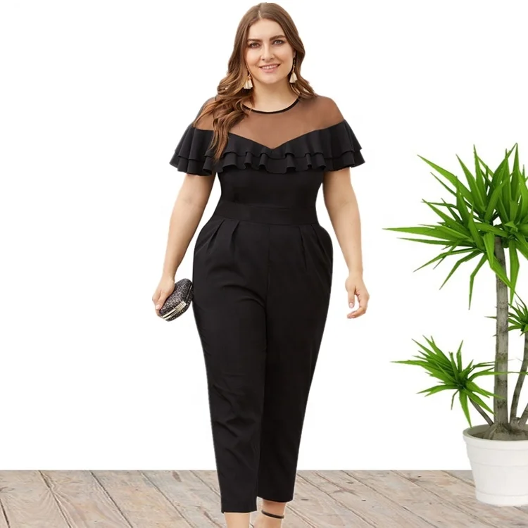 

4XL Plus Size Mesh Stitching Flare Neck Sexy Fit Slim Jumpsuit For Women Wholesale china