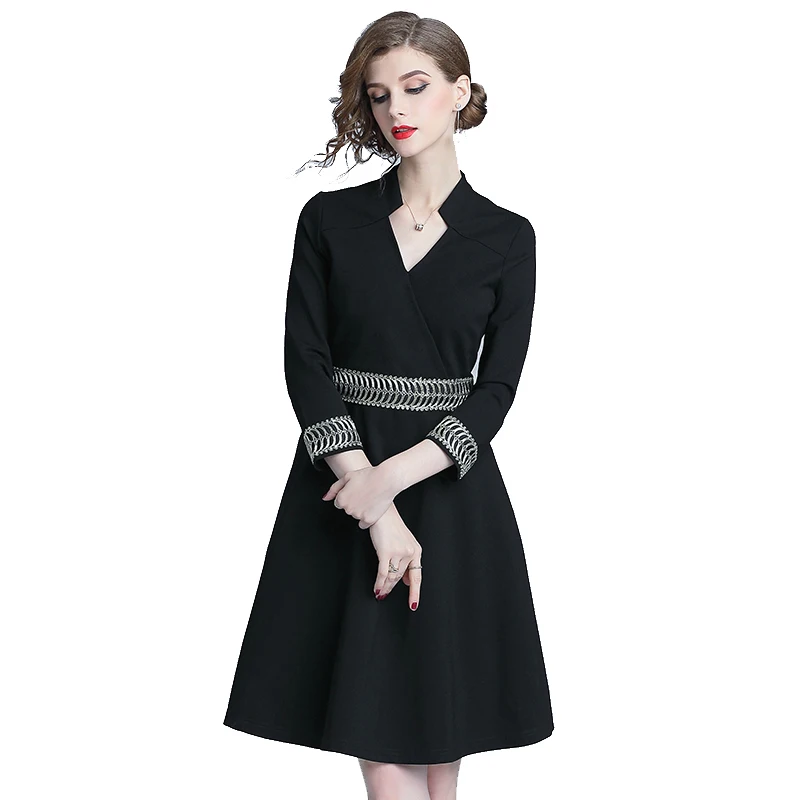 

Wholesale In Stock Woman Fashion Spring Autumn A-line New Elegant Long Sleeve Black Dress