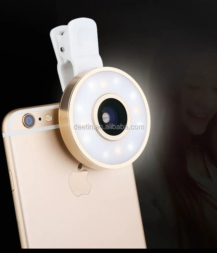 

LED Camera Selfie Light for Mobile Phone Universal Clip fisheye wide angle macro lens 6 in 1, Black, gold, silver, red, pink