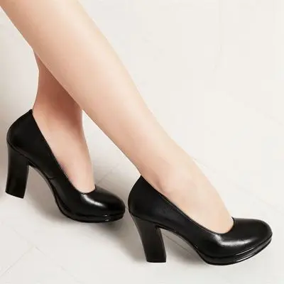 

Genuine Leather shoes Women Round Toe Pumps Sapato feminino High Heels Shallow Fashion Black Work Shoe Plus Size 33-43