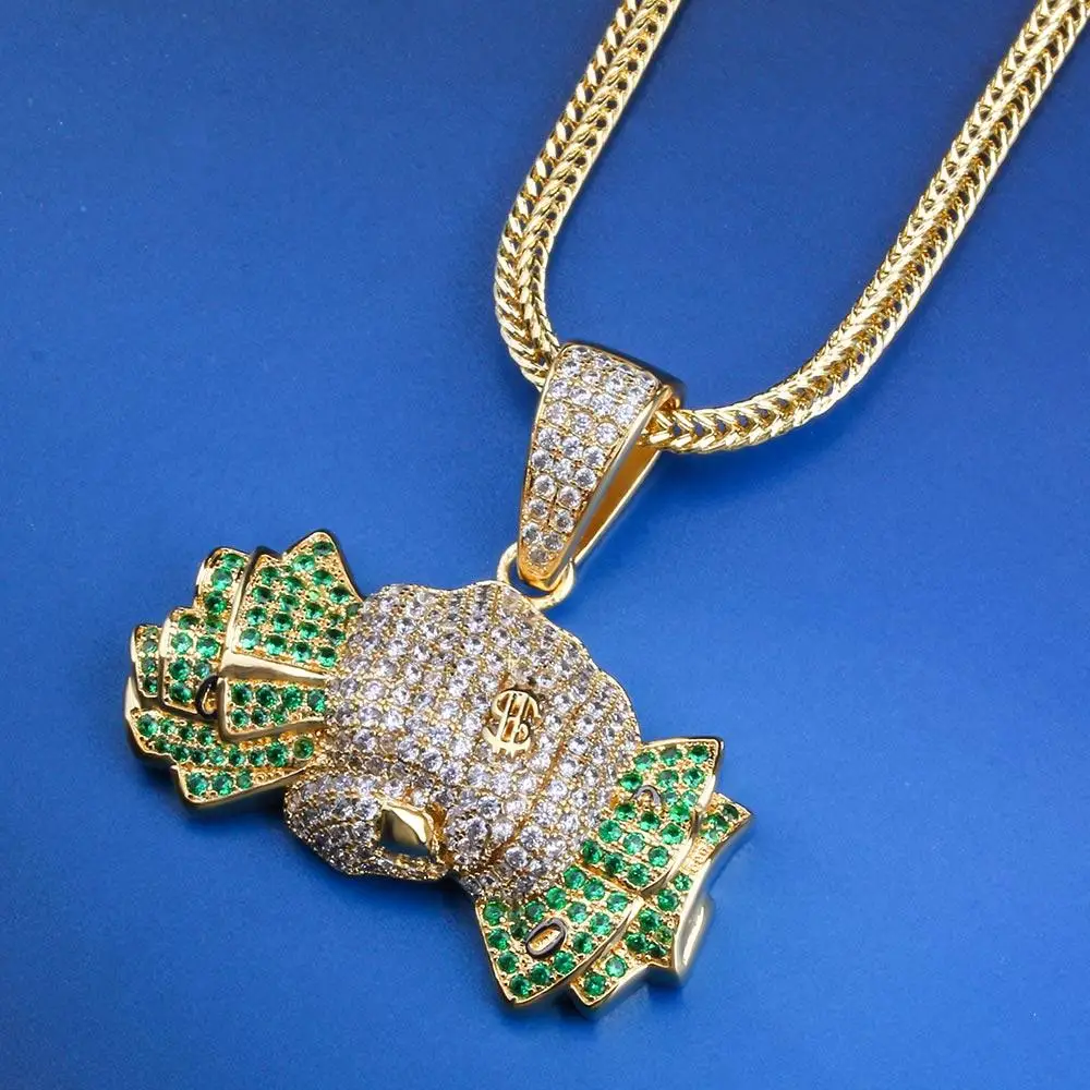 

KRKC&CO 14K Gold Green CZ Iced Out Holding the Dollar Pendant Hip Hop Jewelry for amazon/ebay/wish online store for Wholesale
