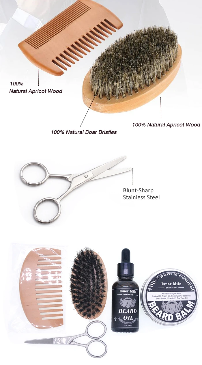 [Isner Mile] OEM/ODM Private label Men's 100% Natural Boar Bristle Beard Balm Wax Comb Brush Shaper Beard Kit 6 items
