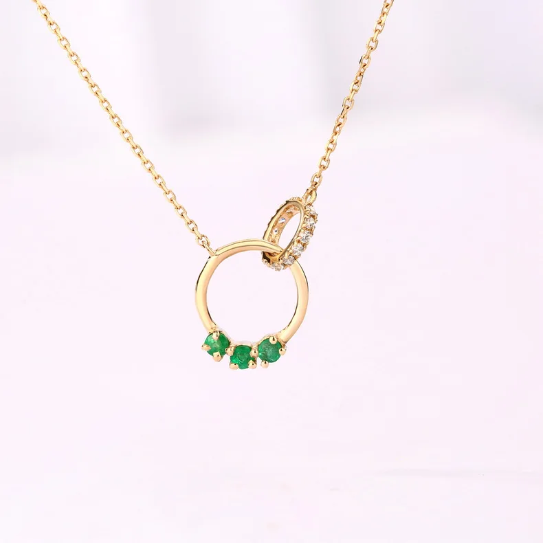 

9k 14k 18k Circle Genuine Solid Gold Double Ring Emerald Necklace 14k Gold Necklace, Gold/white gold/rose gold