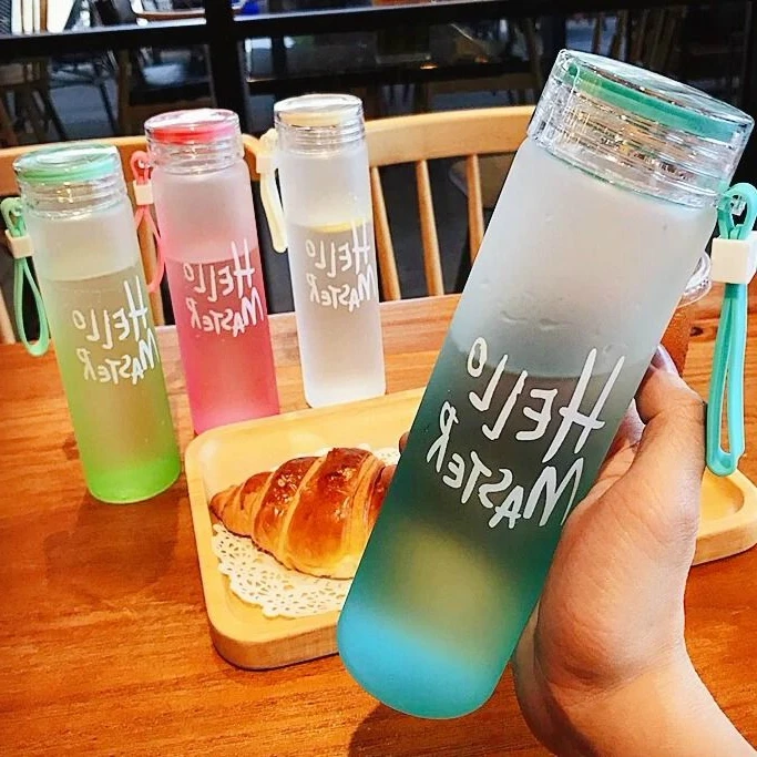 

colorful letter glass water bottle with cloth cover frosted portable bottle glass drinking cup, Red