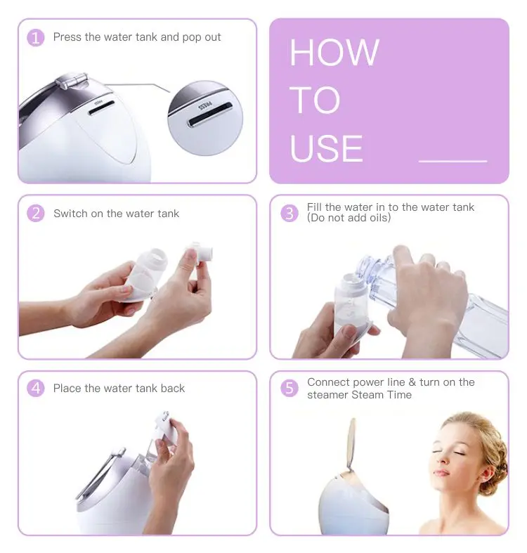 Built-in LED beauty mirror odorless nano steam deep cleansing moisturizer face facial steamer