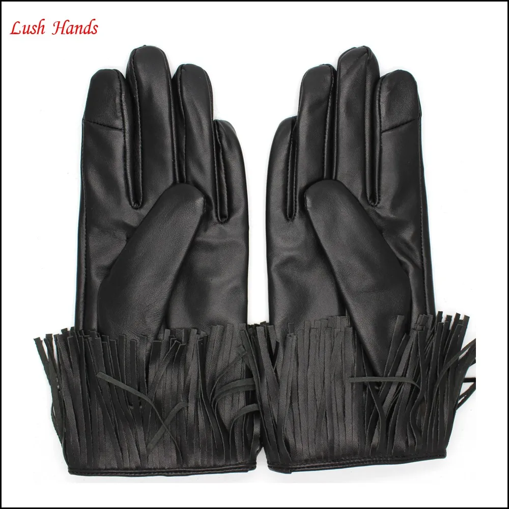 Fashion index finger touch screen black tassels leather gloves women