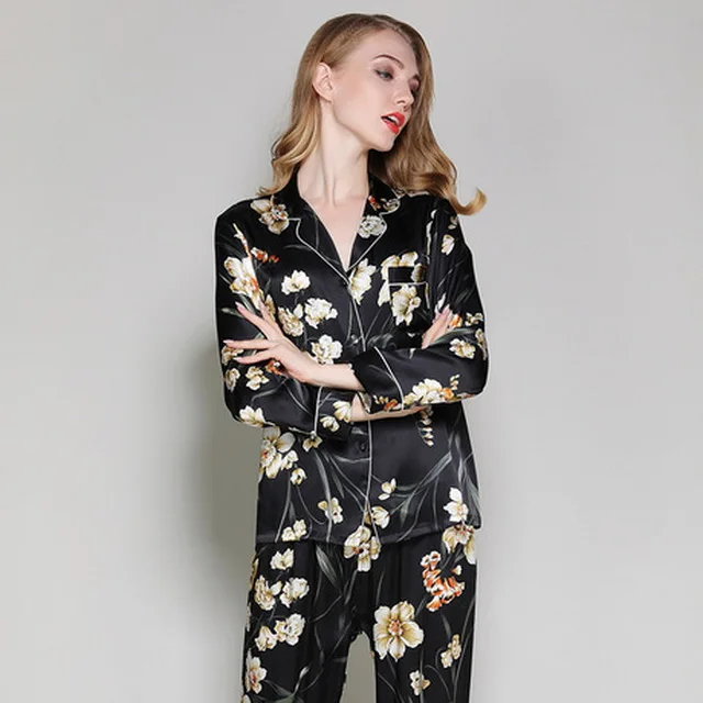 KTFL1014 22mm 2pcs loose sexy home wear 100% pure silk sleepwear long pajamas