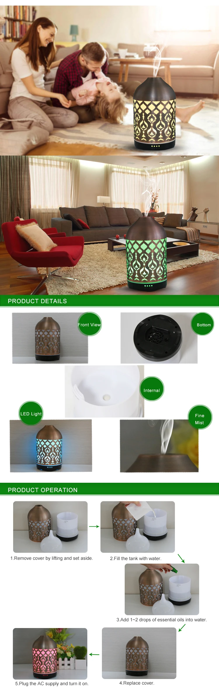 Aromacare Hot Sales 2 Mist Level Ultrasonic Aroma Oil Diffuser