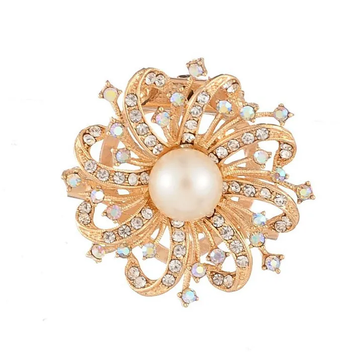 

Gold plated zinc alloy pearl full jewelled rhinestone scarf clip brooch for wedding invitations, As picture
