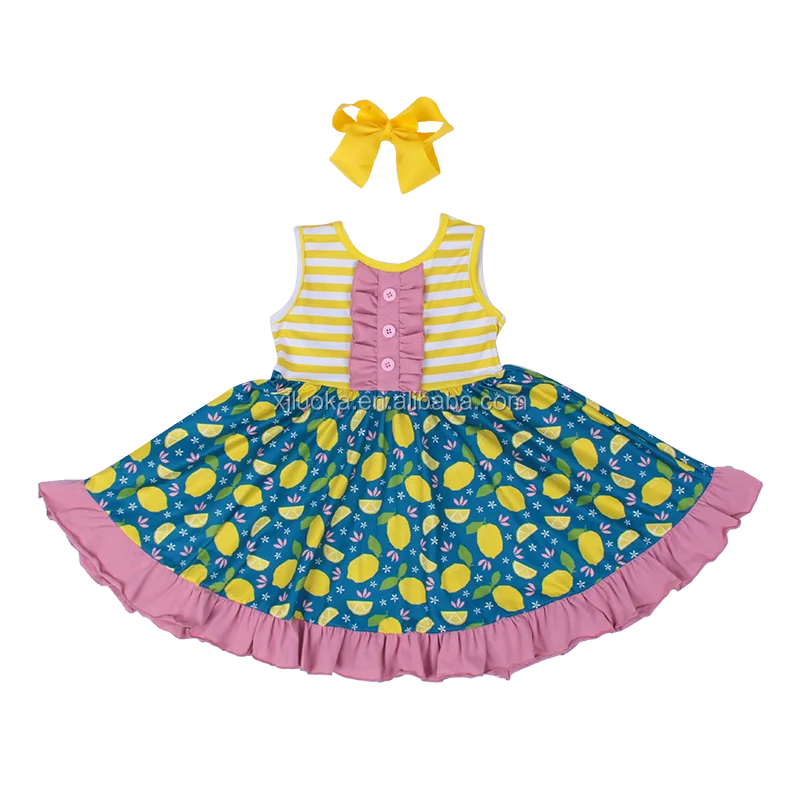 

Fashion Design Baby Dress Short Sleeve Stripe And Lemon Pattern Baby Girls Dress Lovely Boutiques Dress Baby, Picture