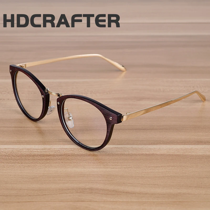 

HDCRAFTER Retro Eyeglasses Optical Frames Wooden Imitation Round Vintage Metal Glasses Eyewear Spectacle Frames Women Men